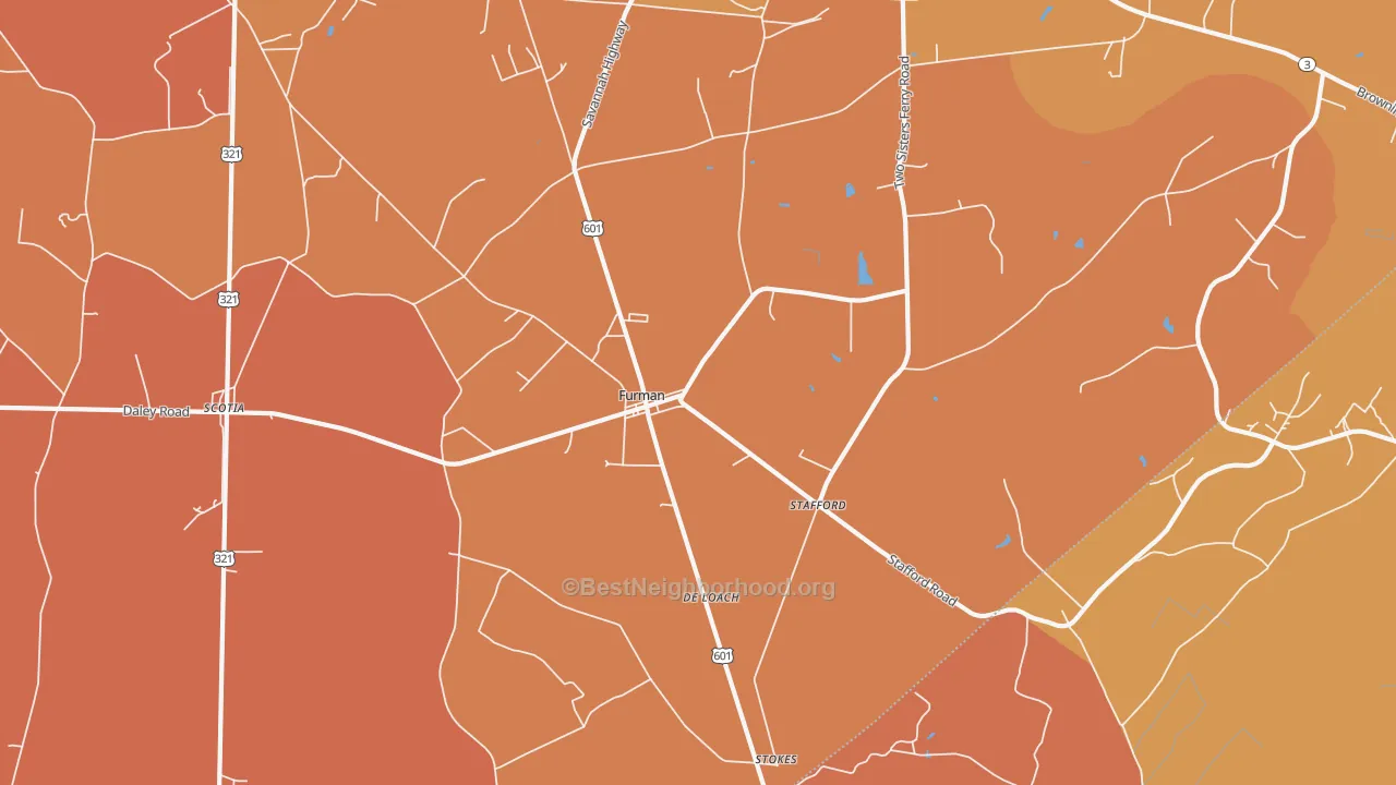 Map of the best neighborhoods in the Furman area, with better matches in green and worse matches in red