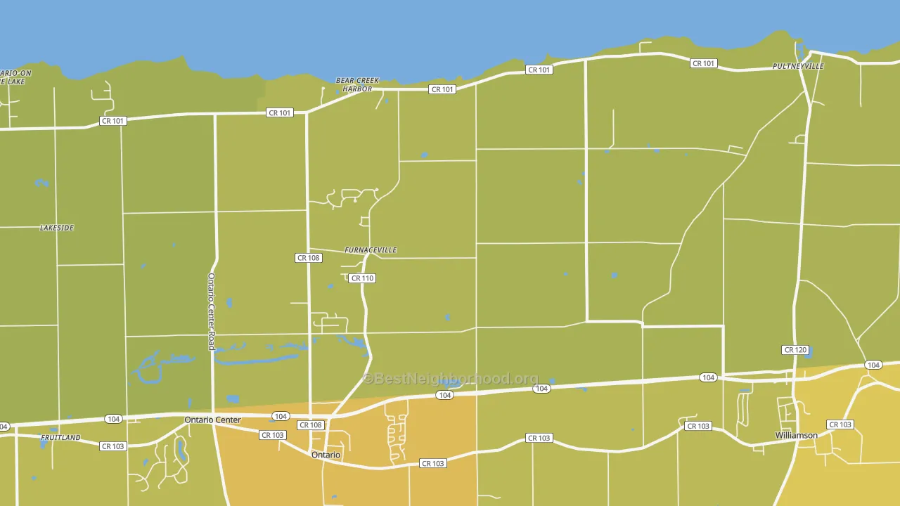 Map of the best neighborhoods in the Furnaceville area, with better matches in green and worse matches in red