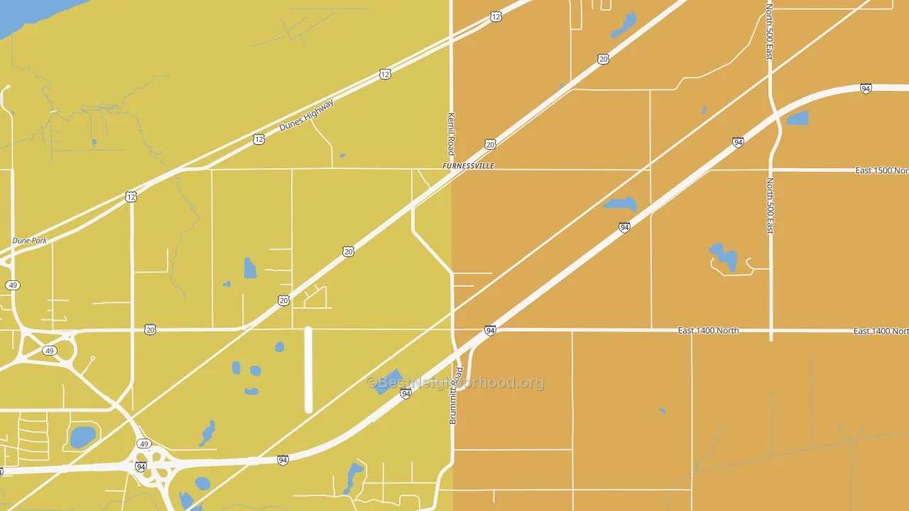 Map of the best neighborhoods in the Furnessville area, with better matches in green and worse matches in red