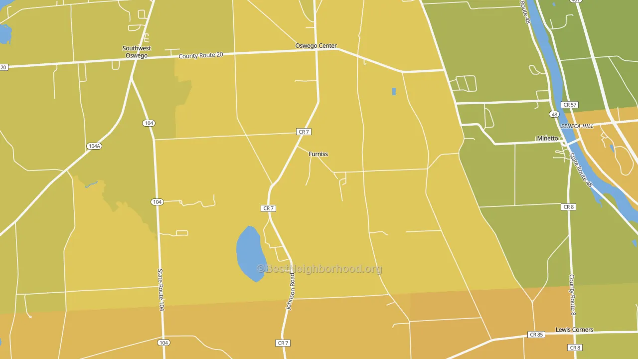 Map of the best neighborhoods in the Furniss area, with better matches in green and worse matches in red