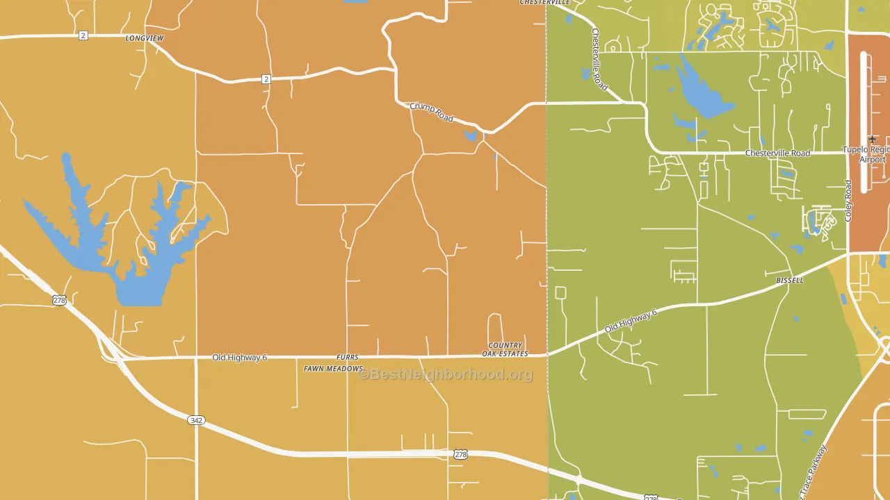 Map of the best neighborhoods in the Furrs area, with better matches in green and worse matches in red