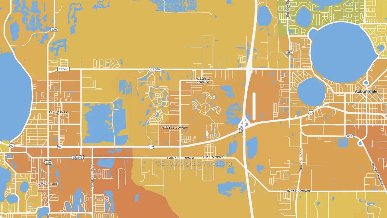 Map of the best neighborhoods in the Fussels Corner area, with better matches in green and worse matches in red