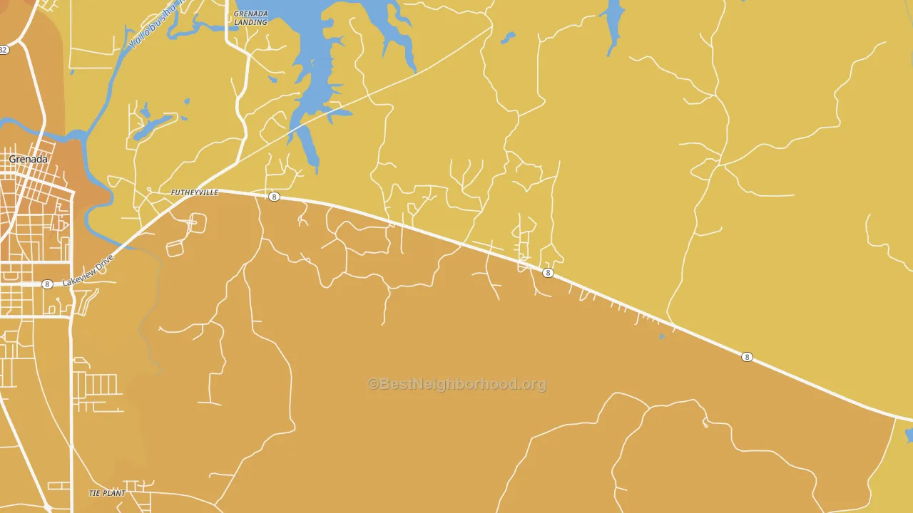 Map of the best neighborhoods in the Futheyville area, with better matches in green and worse matches in red