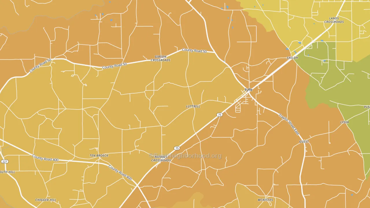 Map of the best neighborhoods in the Fyffe area, with better matches in green and worse matches in red