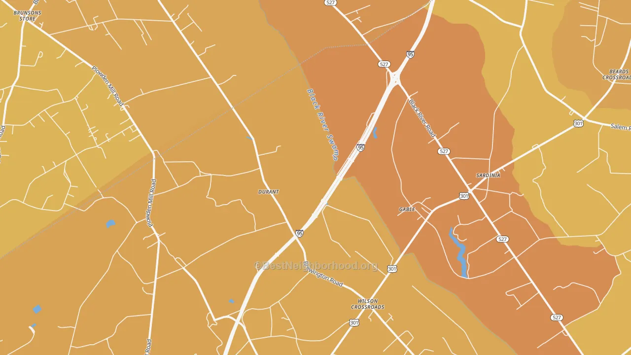 Map of the best neighborhoods in the Gable area, with better matches in green and worse matches in red