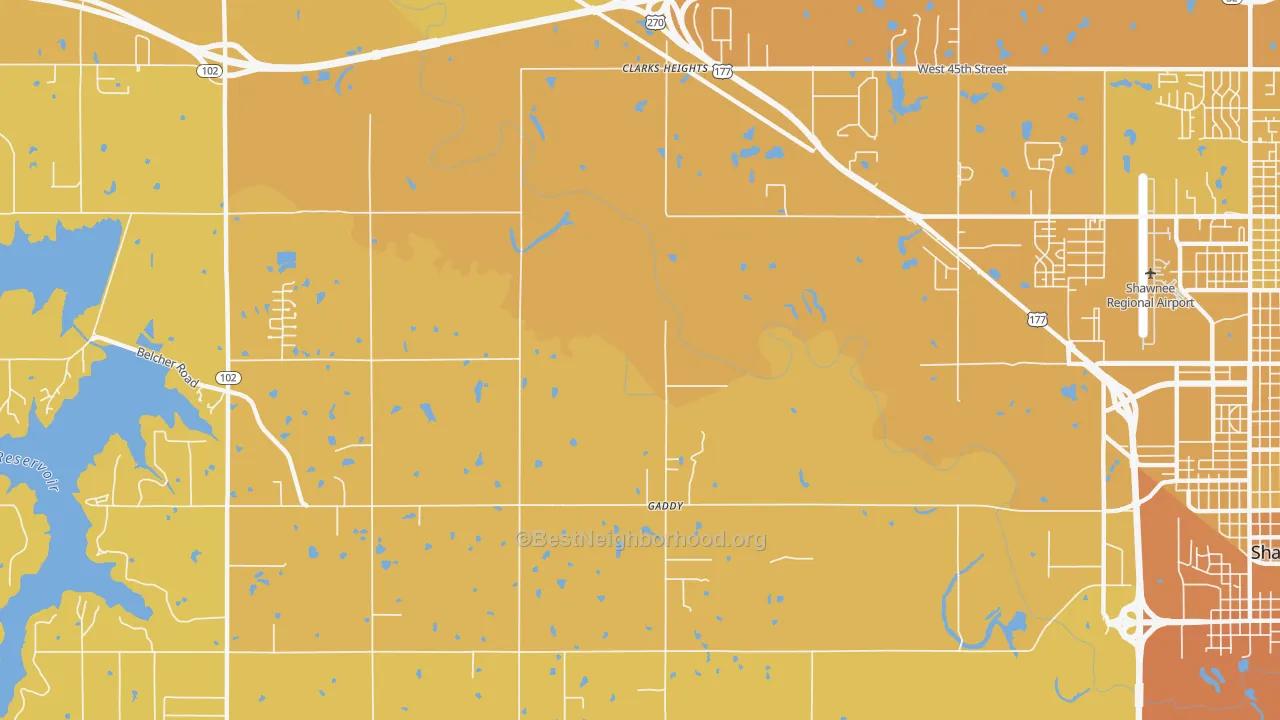 Map of the best neighborhoods in the Gaddy area, with better matches in green and worse matches in red