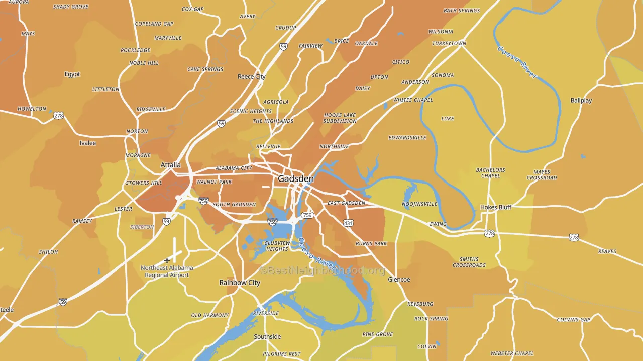 Map of the best neighborhoods in the Gadsden Metro area, with better matches in green and worse matches in red