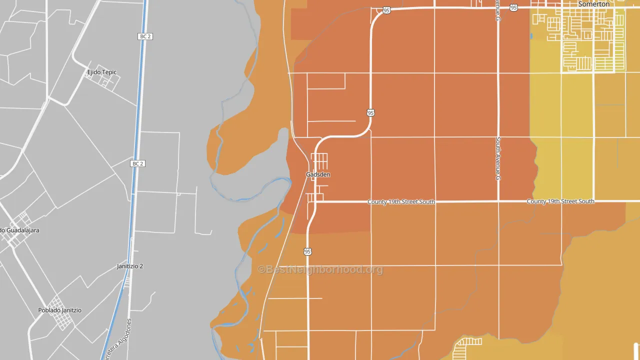 Map of the best neighborhoods in the Gadsden area, with better matches in green and worse matches in red