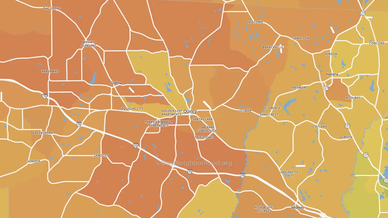 Map of the best neighborhoods in the Gadsden County area, with better matches in green and worse matches in red