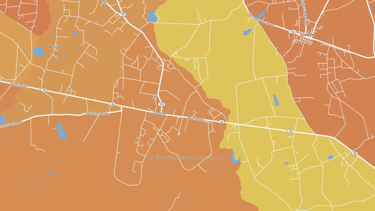 Map of the best neighborhoods in the Gadsden area, with better matches in green and worse matches in red