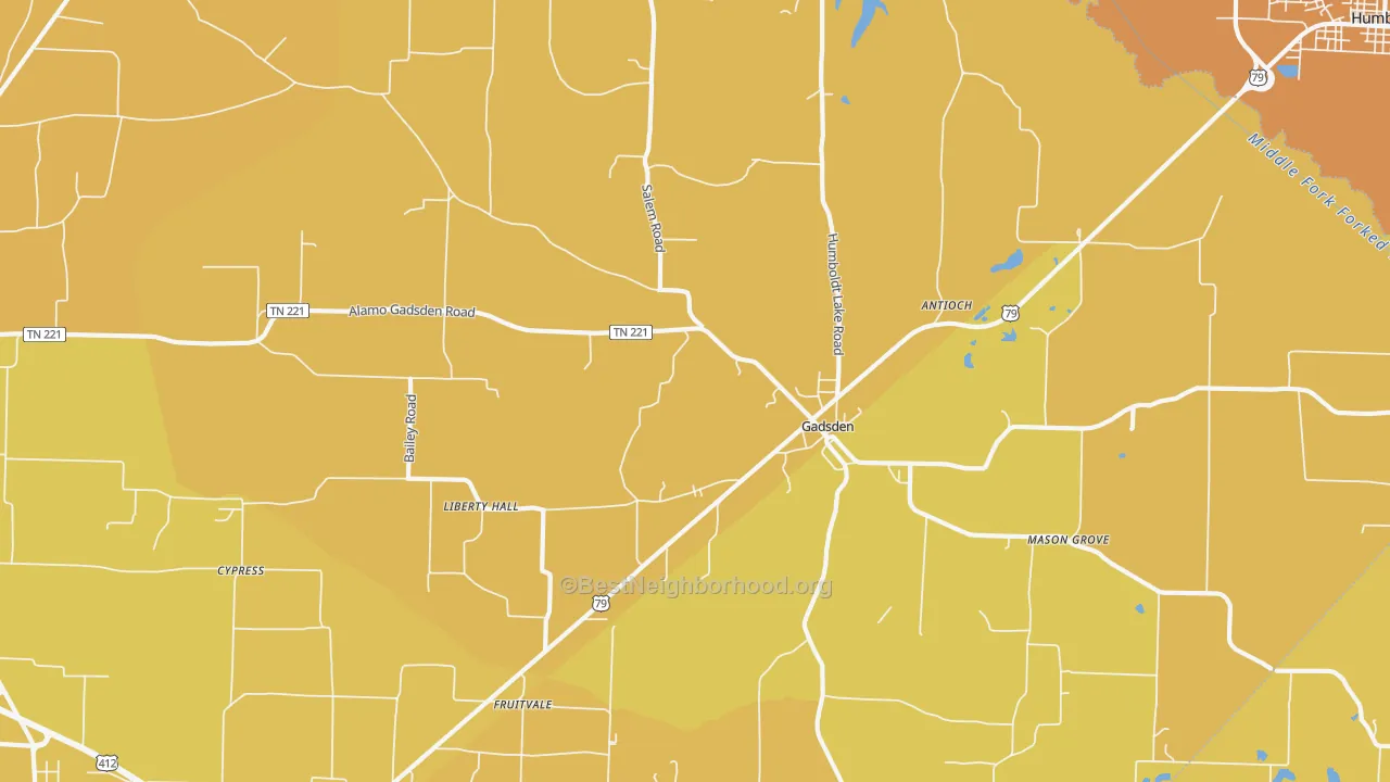 Map of the best neighborhoods in the Gadsden area, with better matches in green and worse matches in red