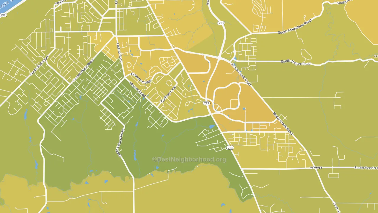 Map of the best neighborhoods in the Gaffney Lane, Oregon City area, with better matches in green and worse matches in red