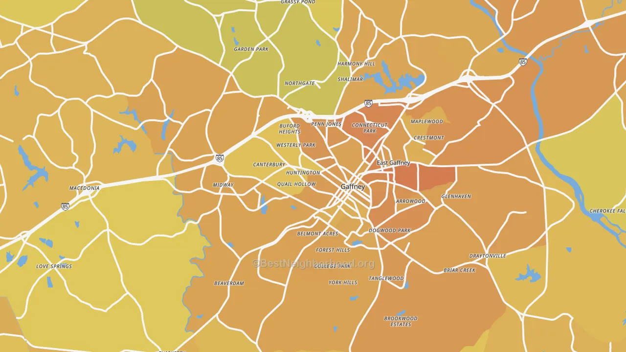 Map of the best neighborhoods in the Gaffney area, with better matches in green and worse matches in red