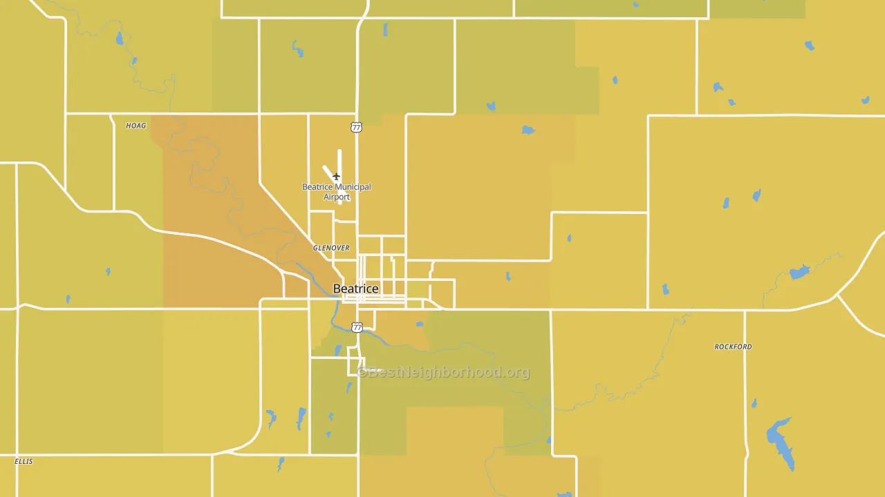 Map of the best neighborhoods in the Gage County area, with better matches in green and worse matches in red