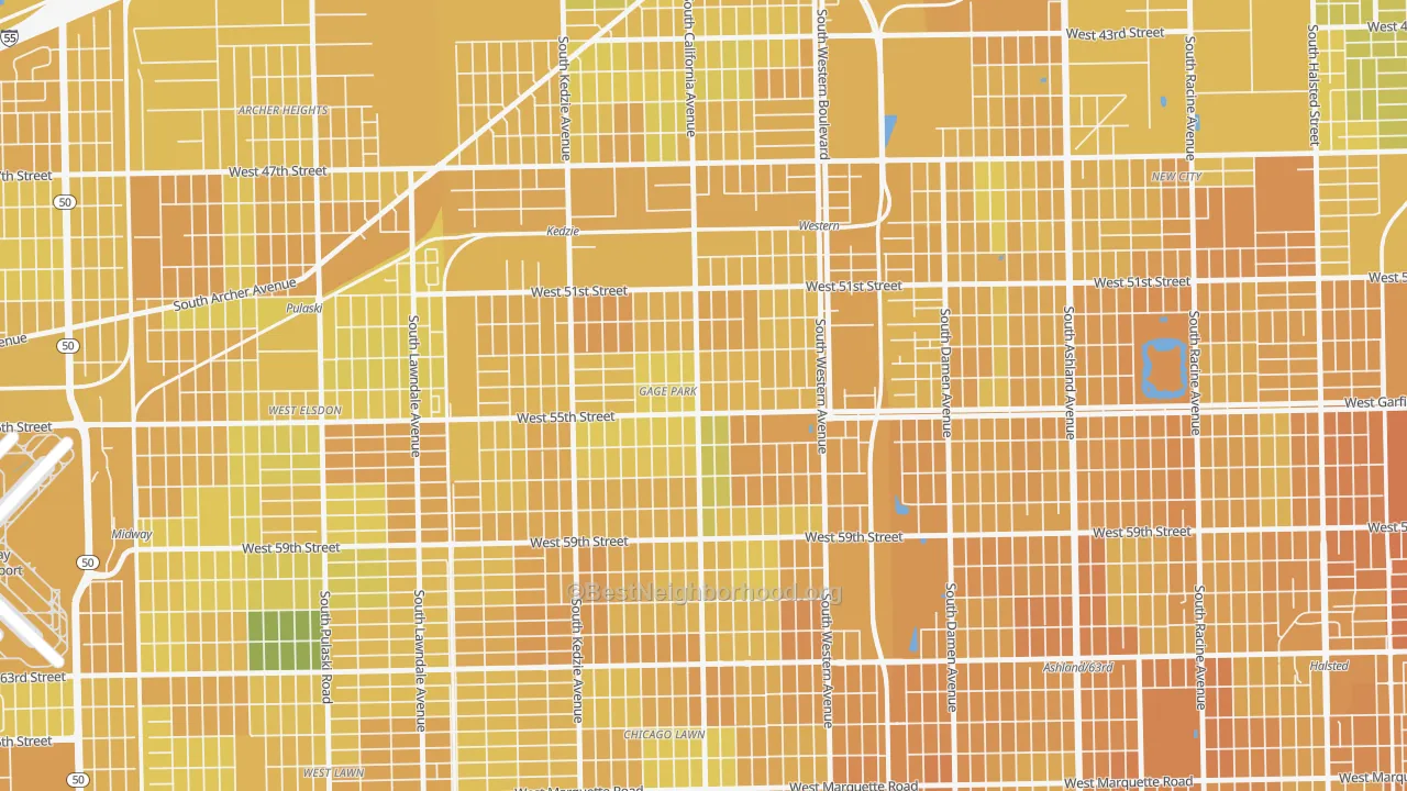 Map of the best neighborhoods in the Gage Park, Chicago area, with better matches in green and worse matches in red
