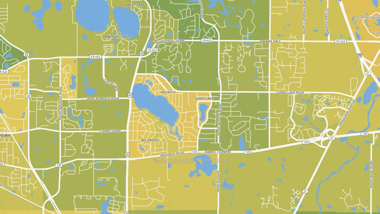 Map of the best neighborhoods in the Gages Lake area, with better matches in green and worse matches in red