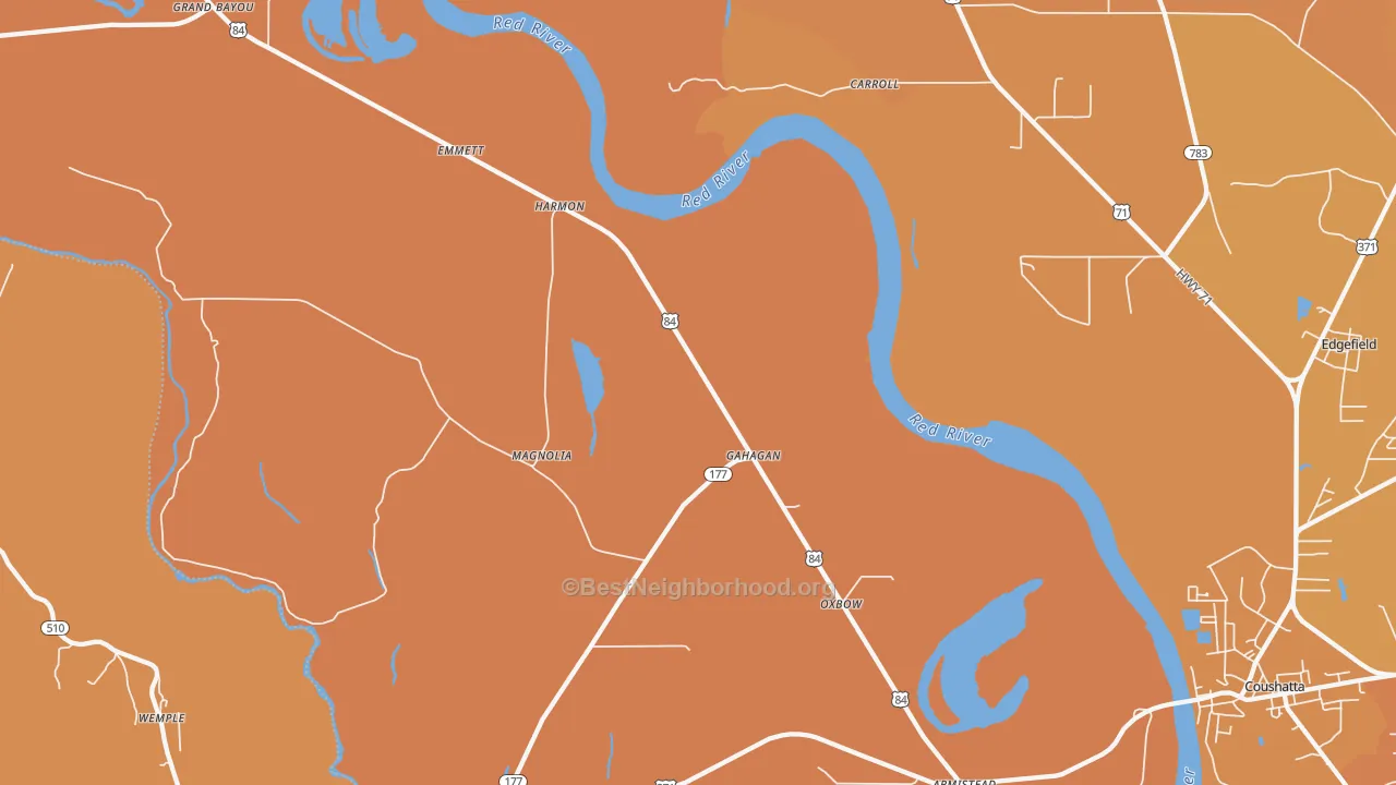 Map of the best neighborhoods in the Gahagan area, with better matches in green and worse matches in red