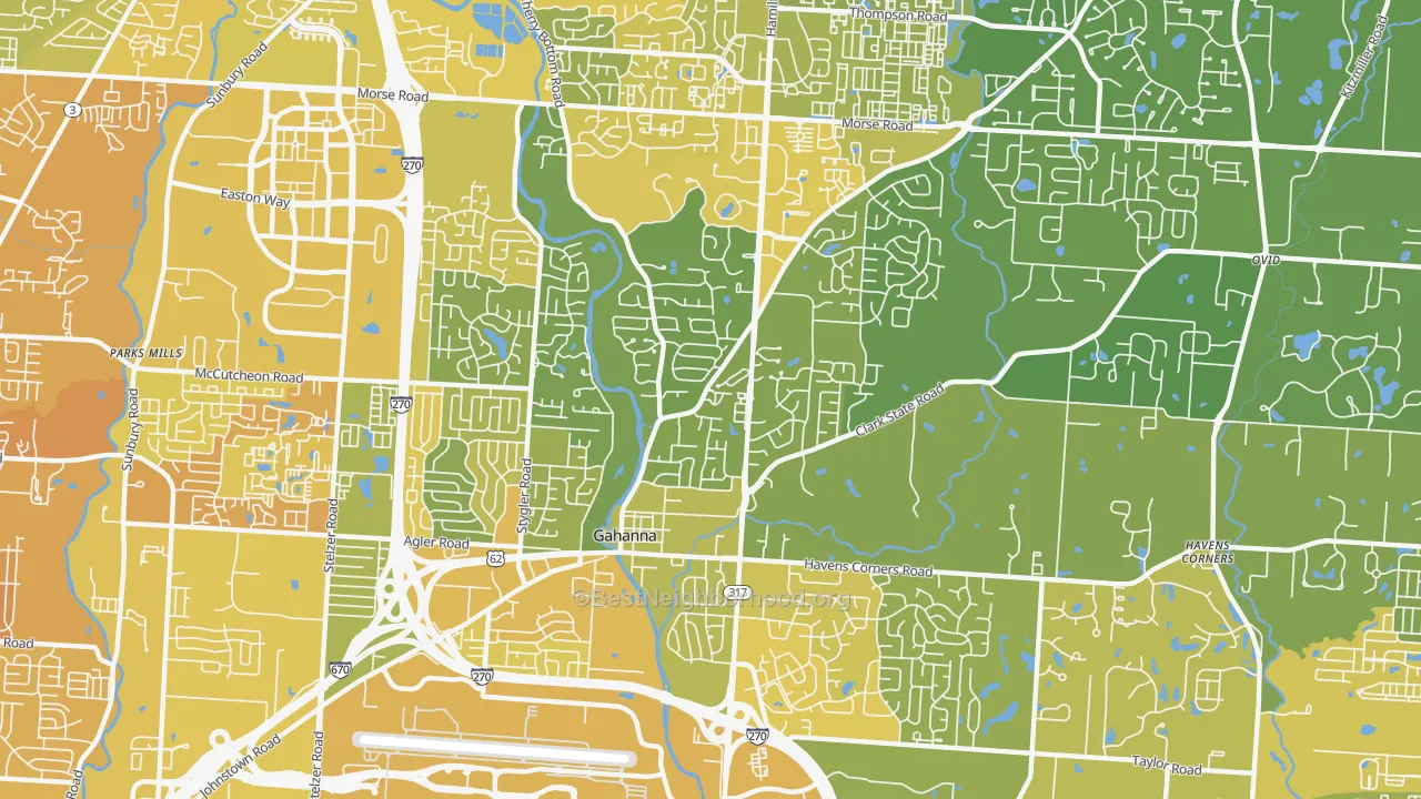 Map of the best neighborhoods in the Gahanna area, with better matches in green and worse matches in red