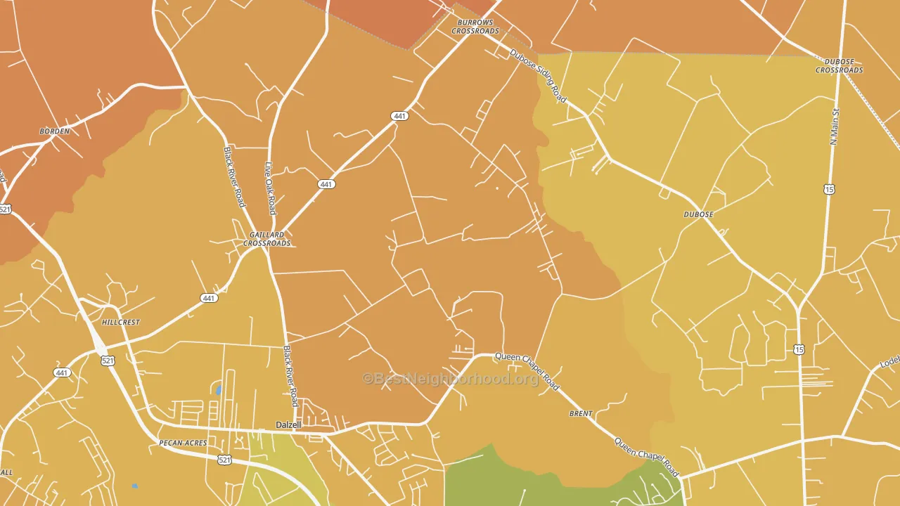 Map of the best neighborhoods in the Gaillard Crossroads area, with better matches in green and worse matches in red