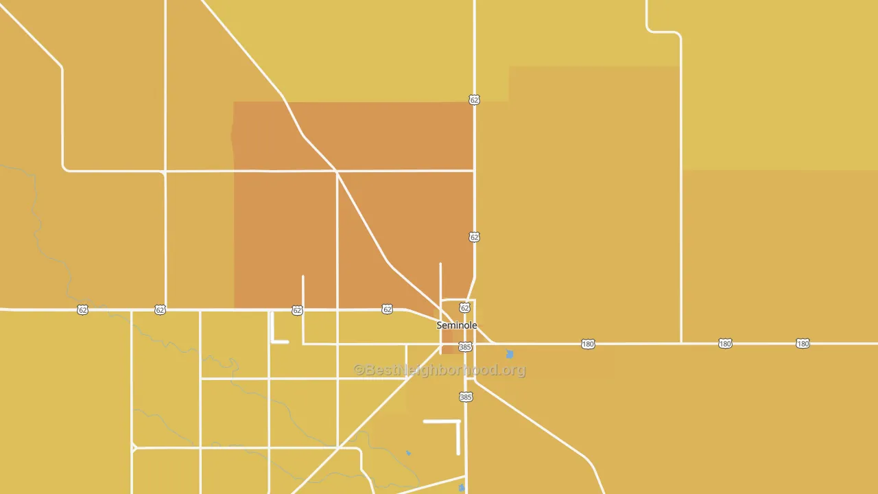 Map of the best neighborhoods in the Gaines County area, with better matches in green and worse matches in red