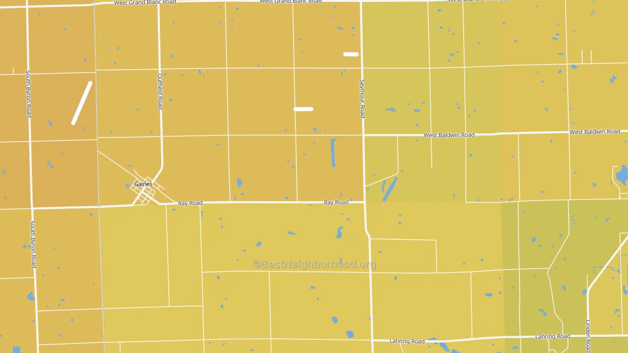 Map of the best neighborhoods in the Gaines area, with better matches in green and worse matches in red
