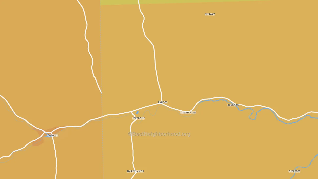 Map of the best neighborhoods in the Gaines area, with better matches in green and worse matches in red