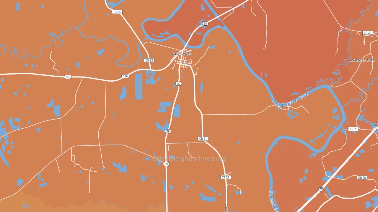 Map of the best neighborhoods in the Gainesville area, with better matches in green and worse matches in red