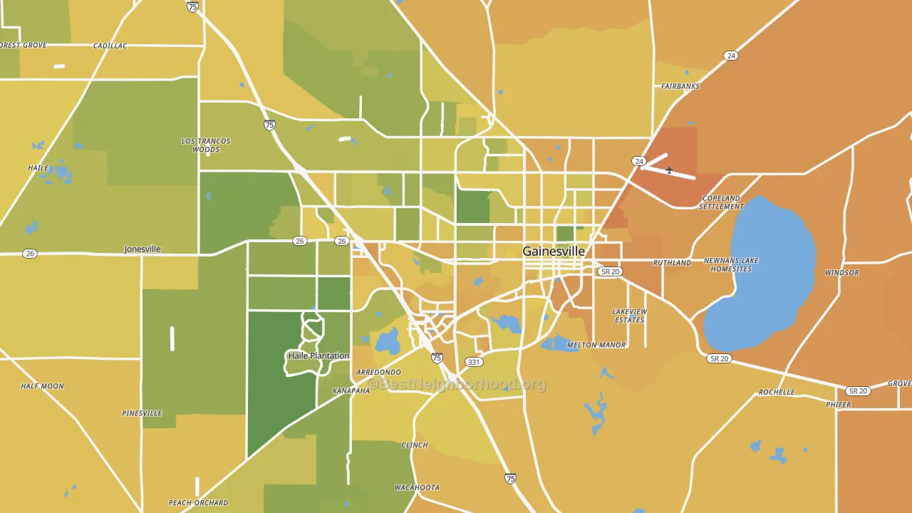 Map of the best neighborhoods in the Gainesville Metro area, with better matches in green and worse matches in red