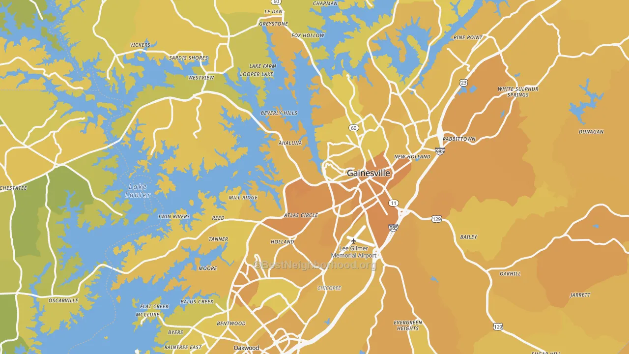 Map of the best neighborhoods in the Gainesville Metro area, with better matches in green and worse matches in red