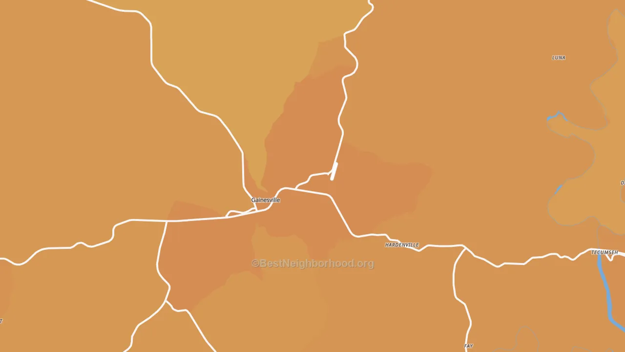 Map of the best neighborhoods in the Gainesville area, with better matches in green and worse matches in red