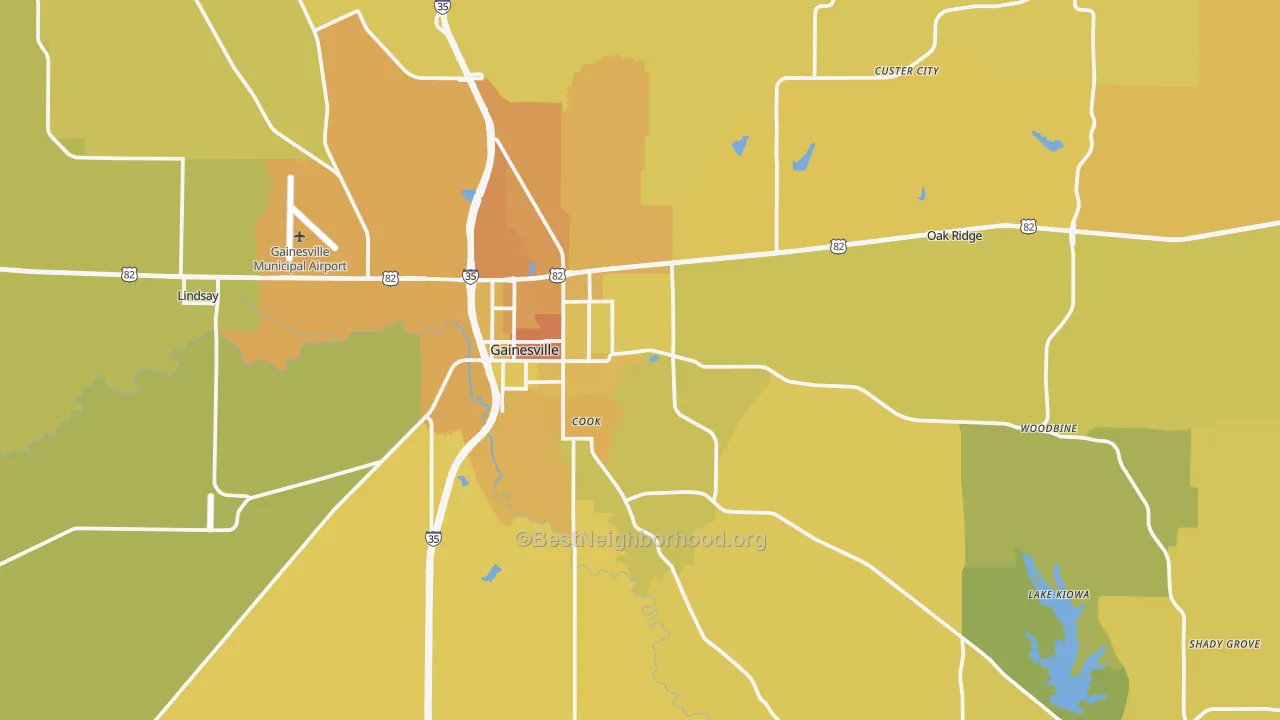 Map of the best neighborhoods in the Gainesville area, with better matches in green and worse matches in red