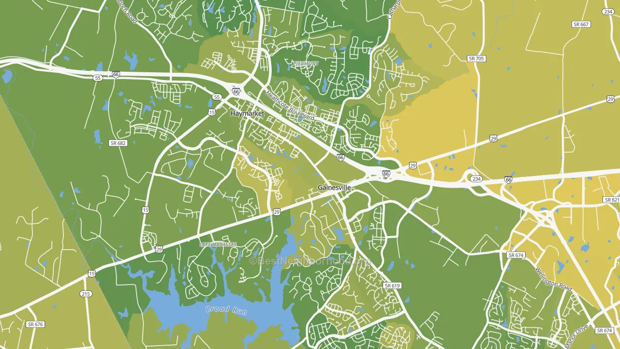 Map of the best neighborhoods in the Gainesville area, with better matches in green and worse matches in red