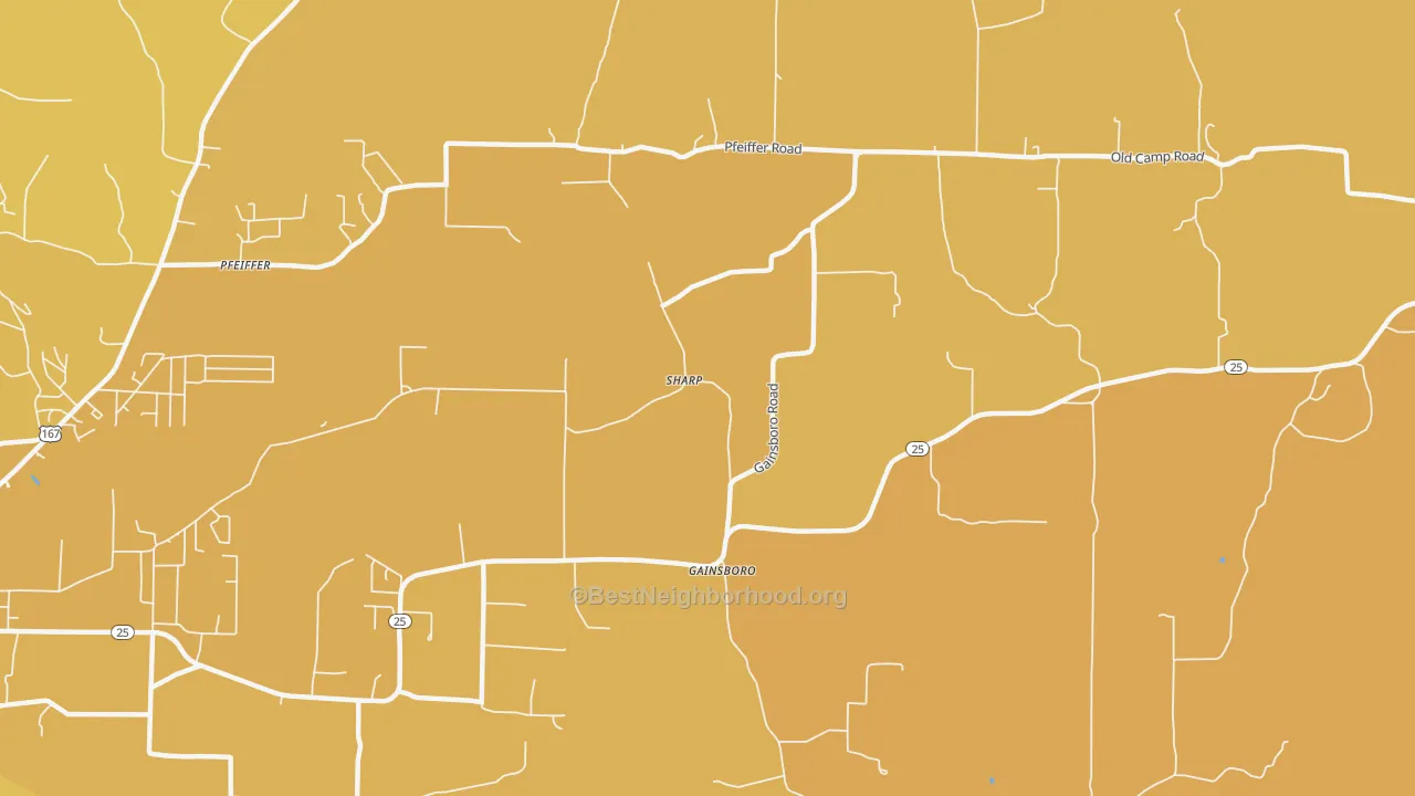Map of the best neighborhoods in the Gainsboro area, with better matches in green and worse matches in red