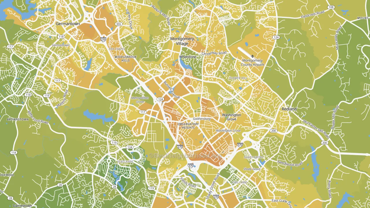 Map of the best neighborhoods in the Gaithersburg area, with better matches in green and worse matches in red