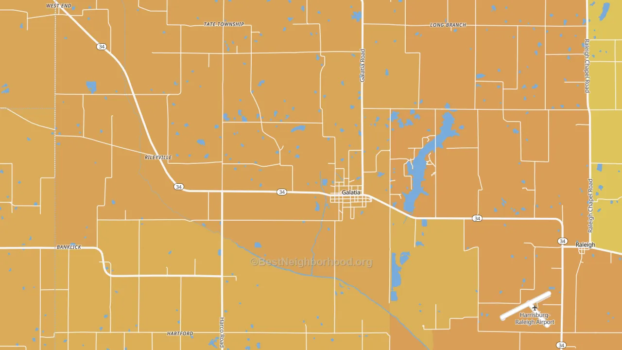 Map of the best neighborhoods in the Galatia area, with better matches in green and worse matches in red