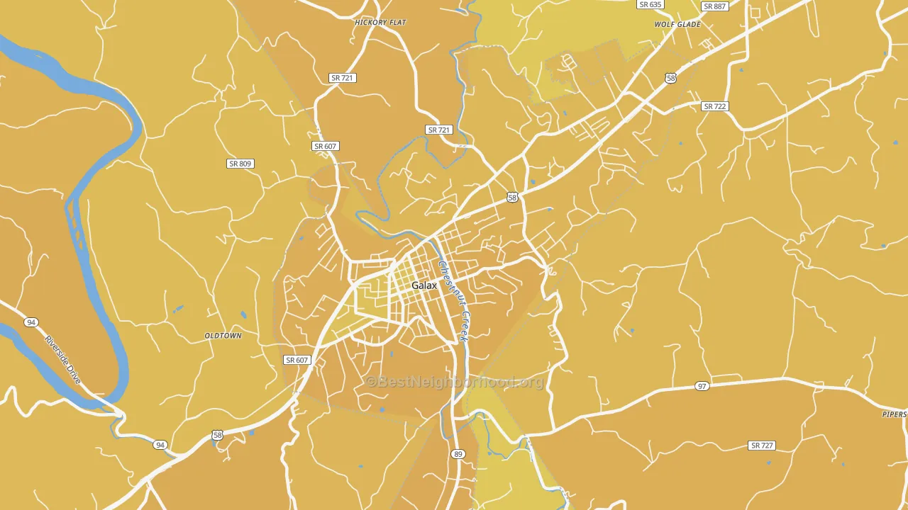 Map of the best neighborhoods in the Galax City area, with better matches in green and worse matches in red
