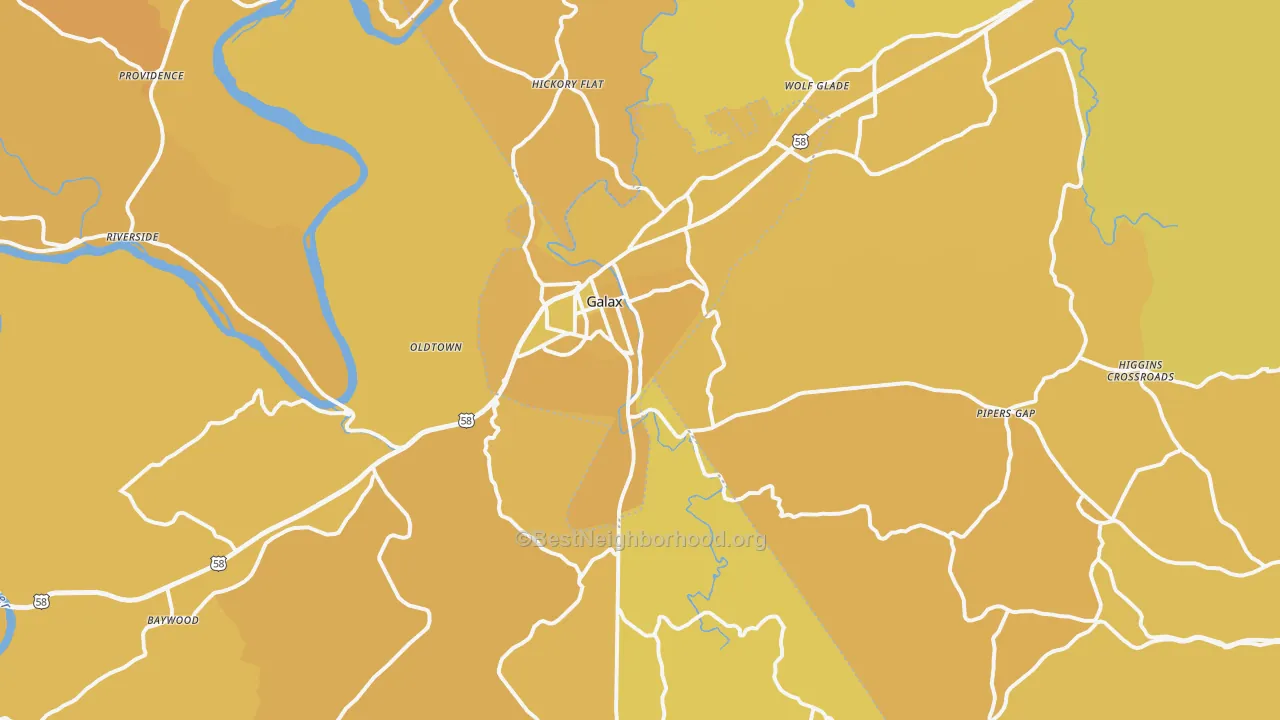 Map of the best neighborhoods in the Galax area, with better matches in green and worse matches in red