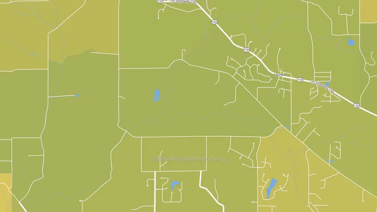 Map of the best neighborhoods in the Galena area, with better matches in green and worse matches in red
