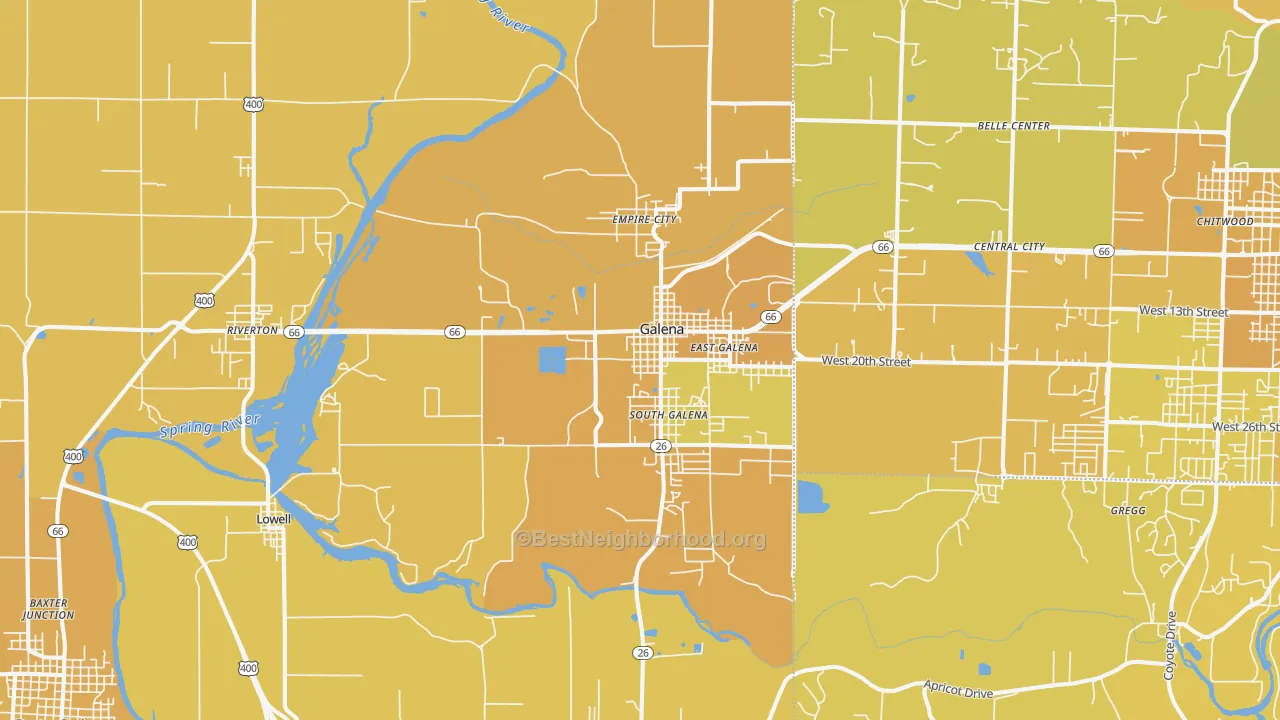 Map of the best neighborhoods in the Galena area, with better matches in green and worse matches in red