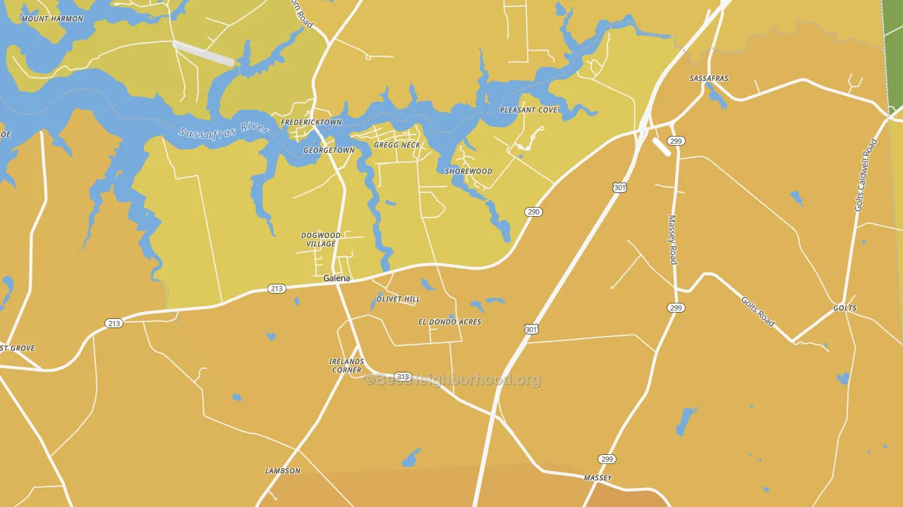 Map of the best neighborhoods in the Galena area, with better matches in green and worse matches in red