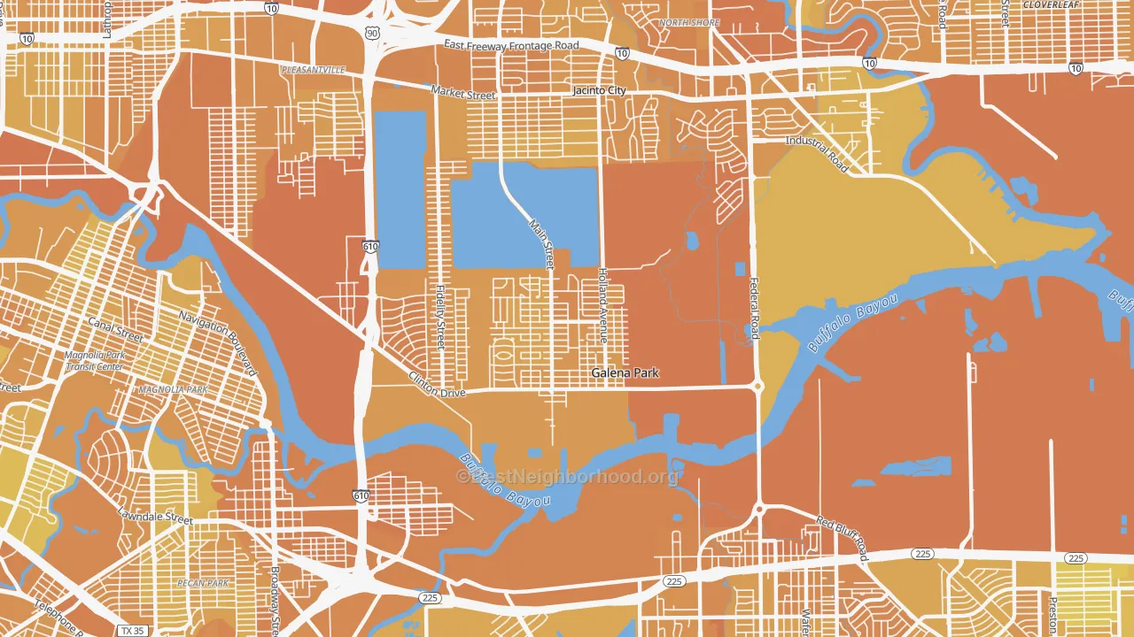 Map of the best neighborhoods in the Galena Park area, with better matches in green and worse matches in red