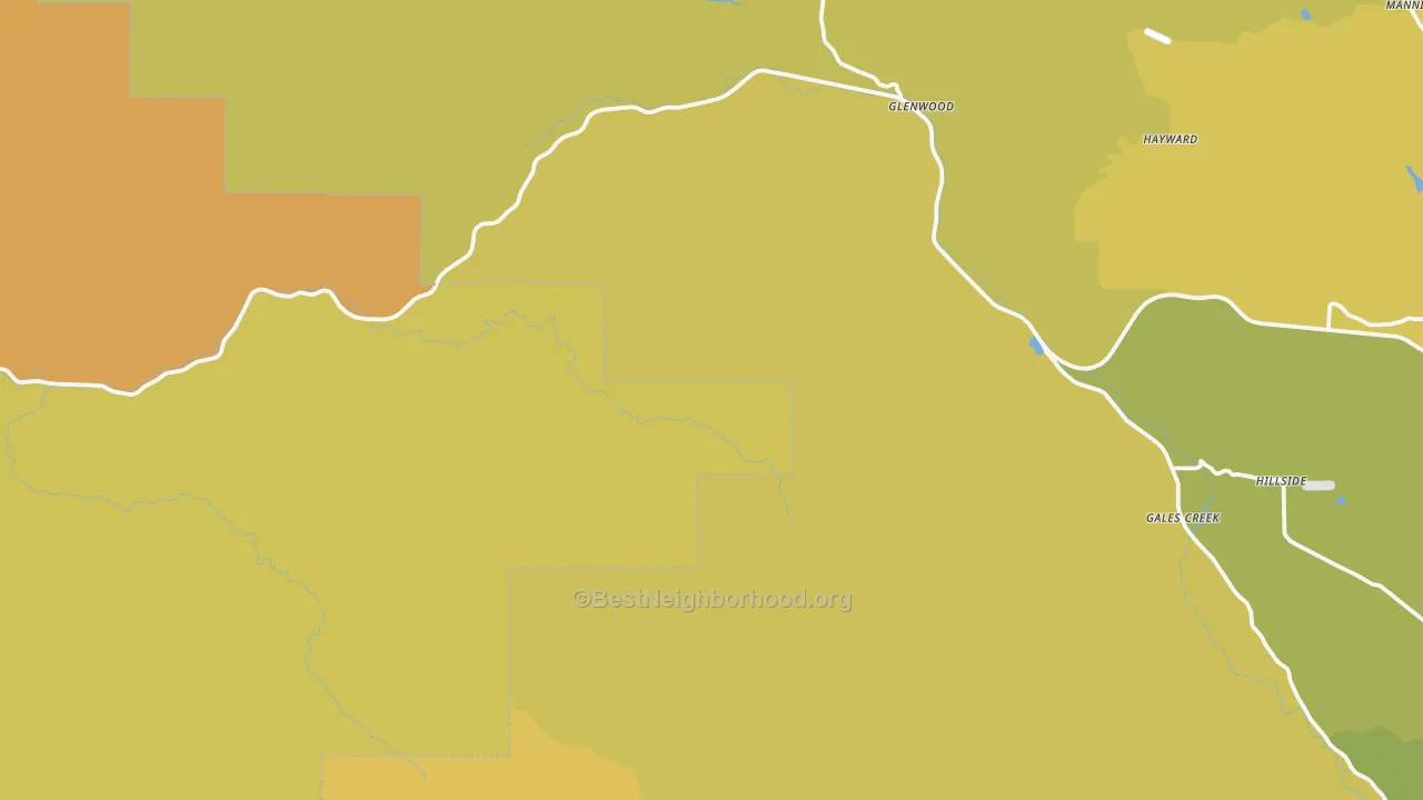 Map of the best neighborhoods in the Gales Creek area, with better matches in green and worse matches in red