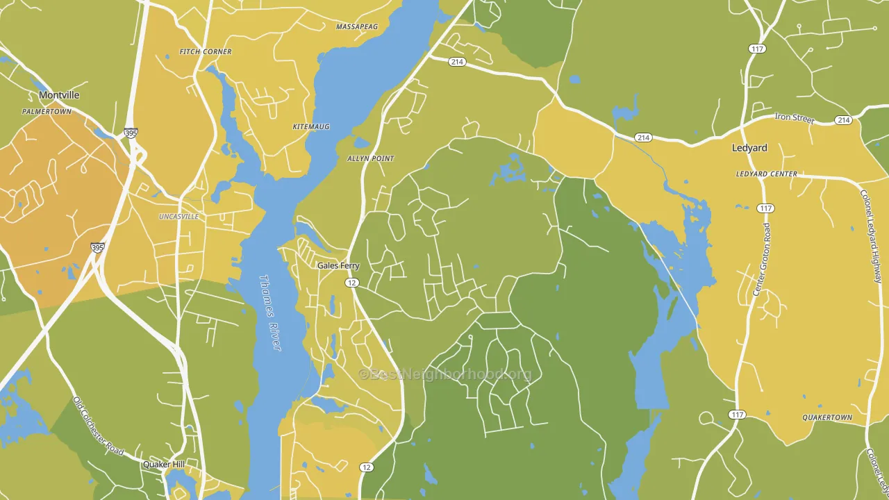 Map of the best neighborhoods in the Gales Ferry area, with better matches in green and worse matches in red