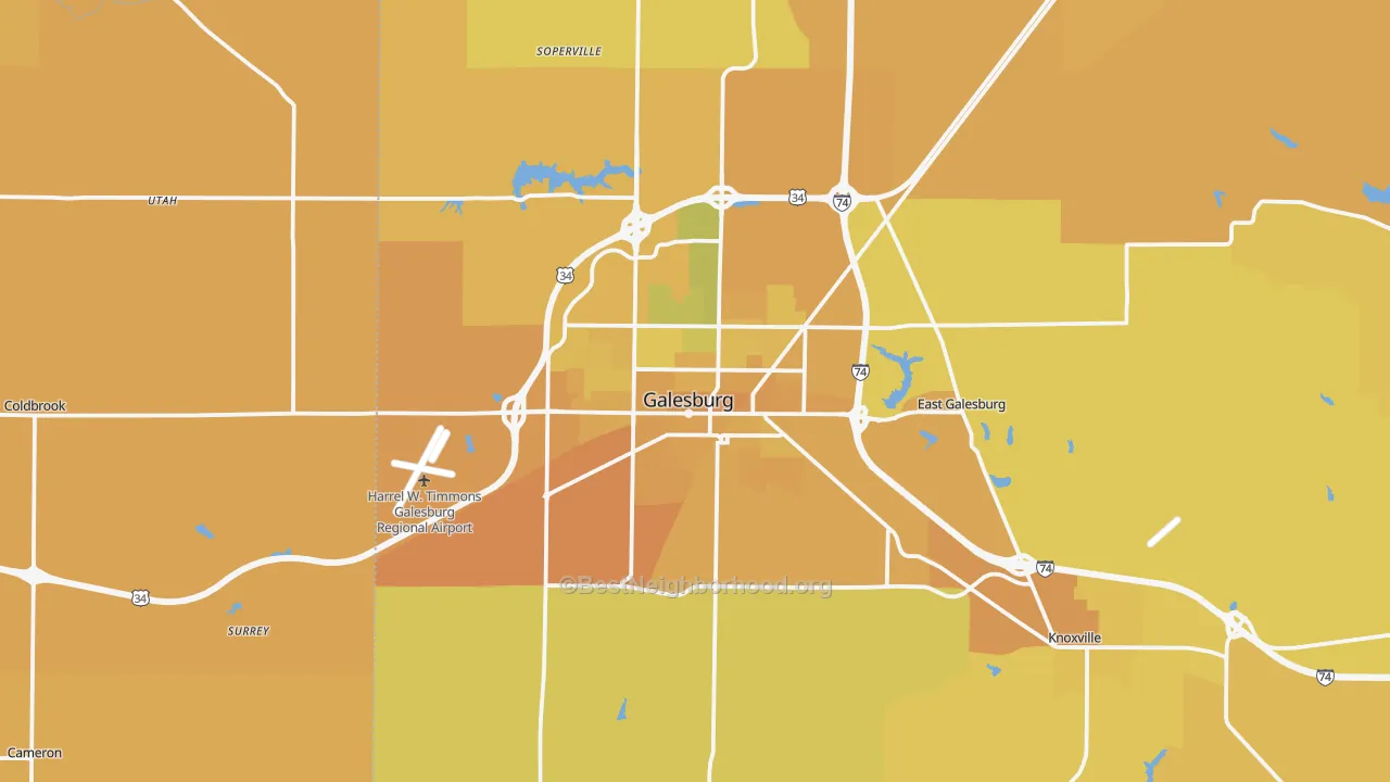 Map of the best neighborhoods in the Galesburg area, with better matches in green and worse matches in red