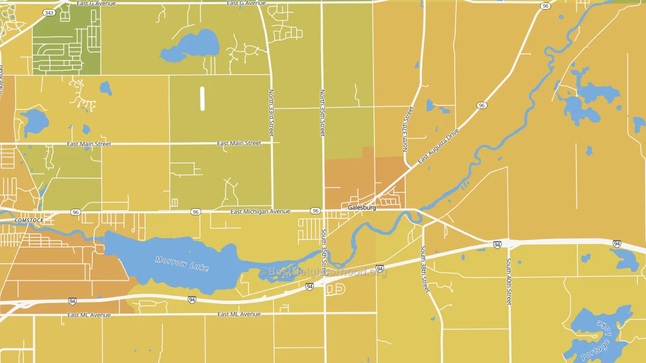 Map of the best neighborhoods in the Galesburg area, with better matches in green and worse matches in red