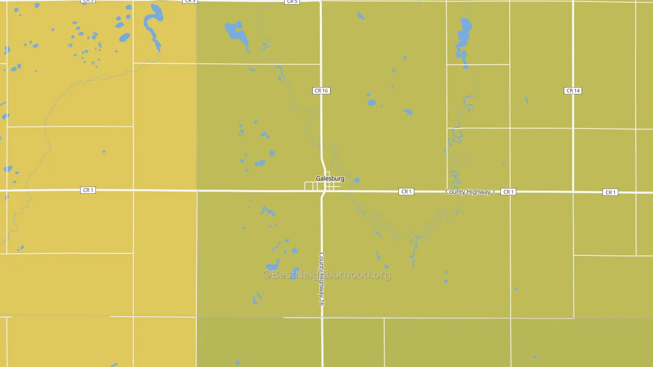 Map of the best neighborhoods in the Galesburg area, with better matches in green and worse matches in red