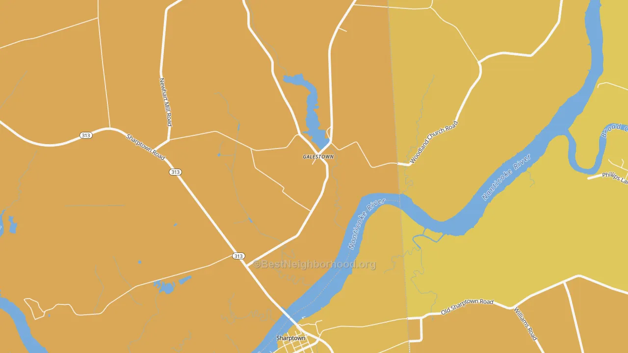 Map of the best neighborhoods in the Galestown area, with better matches in green and worse matches in red
