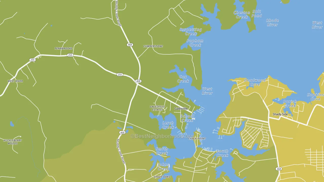Map of the best neighborhoods in the Galesville area, with better matches in green and worse matches in red