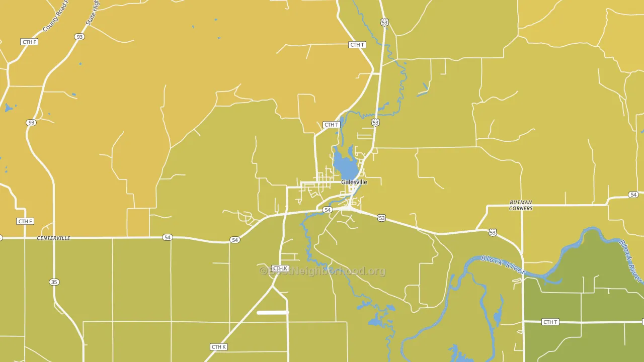 Map of the best neighborhoods in the Galesville area, with better matches in green and worse matches in red