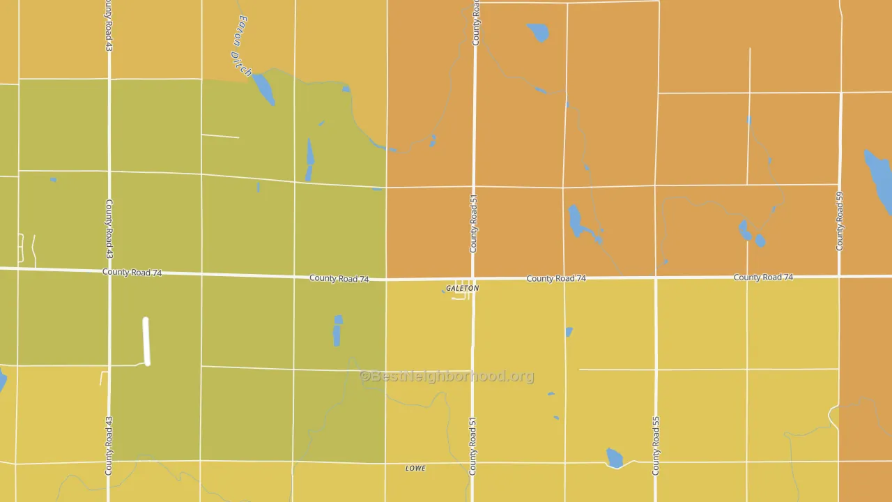 Map of the best neighborhoods in the Galeton area, with better matches in green and worse matches in red